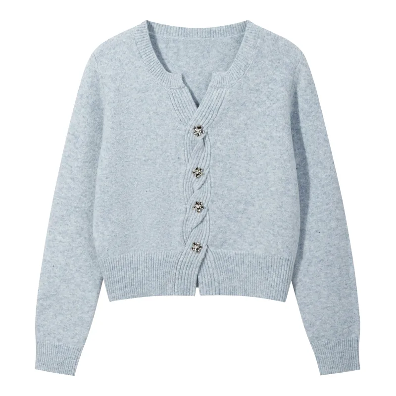 Autumn New Bow V-neck Sweater Dignified Sense Of Design Slit Hemline At Hem Short Loose Sweater Women - Blue