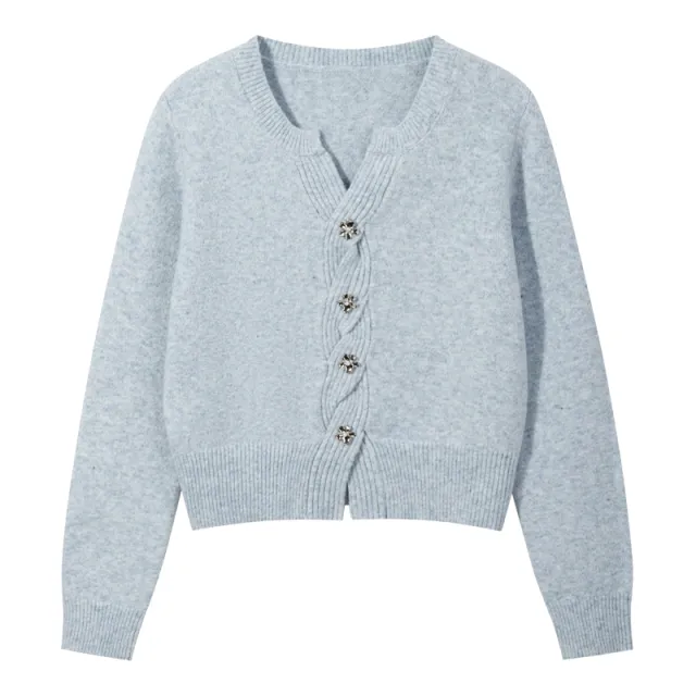Autumn New Bow V neck Sweater Dignified Sense Of Design Slit Hemline At Hem Short Loose Sweater Women Blue - Shop at LoveMi