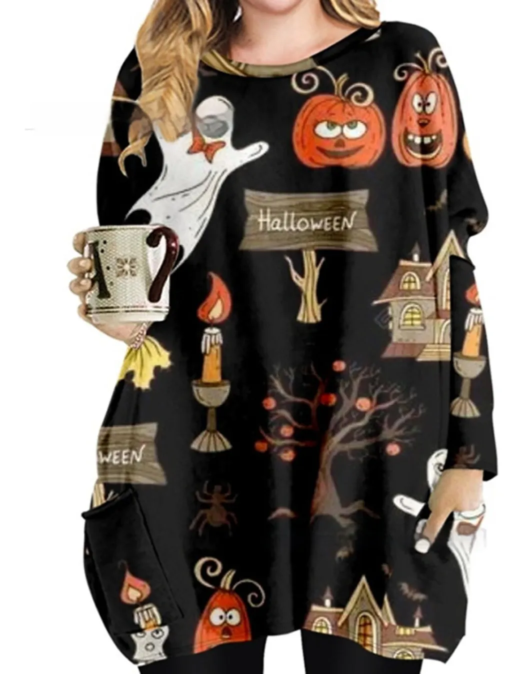 Women's Round Neck Mid-length Long-sleeved T-shirt With Pockets - Jyq4723104-S