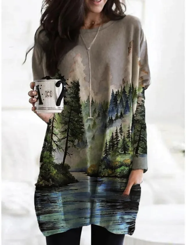 Women's Round Neck Mid length Long sleeved T shirt With Pockets Jyq4723110 - Shop at LoveMi