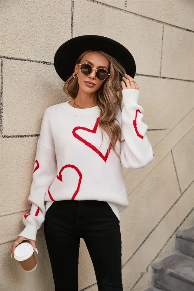 Female With Hearts Valentine's Day Pullover Big Peach Heart Contrast Color Sweater White - Shop at LoveMi
