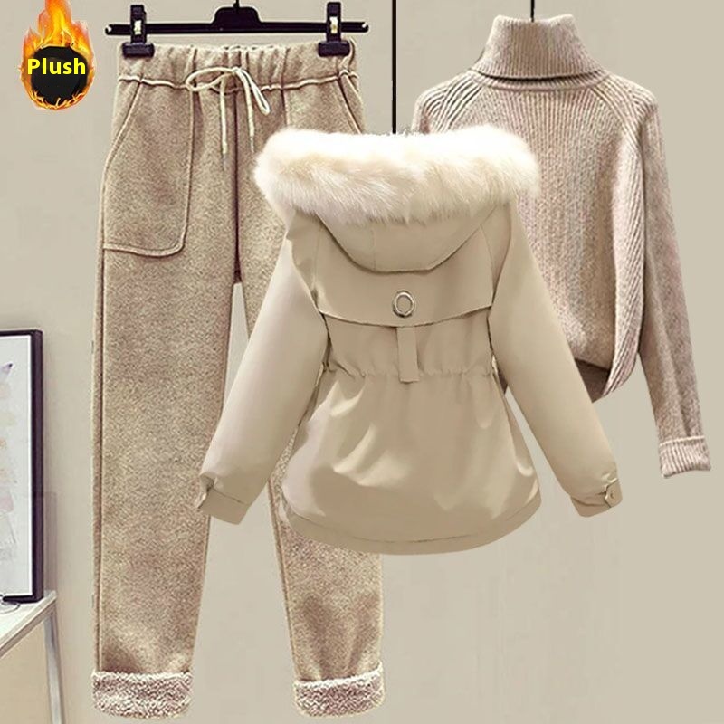 Women's Sweater Down Cotton Jacket Casual Pants Set