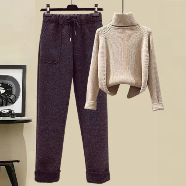 Women's Sweater Down Cotton Jacket Casual Pants Set Apricot Sweater Black Pants - Shop at LoveMi