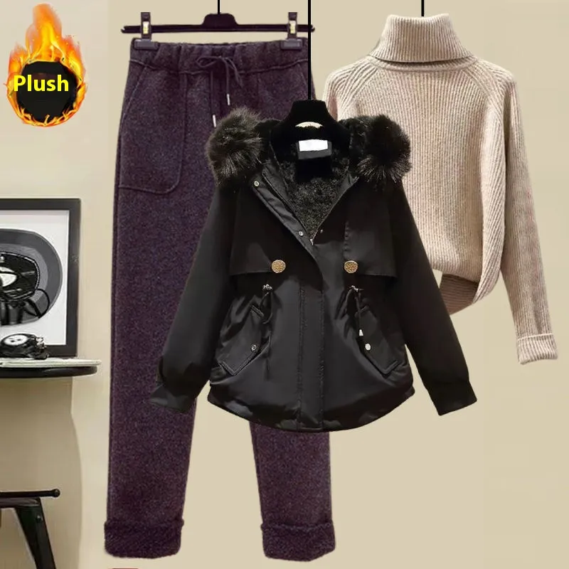 Women's Sweater Down Cotton Jacket Casual Pants Set - Suit 5-4Xl