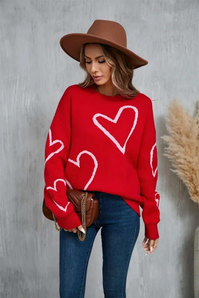 Female With Hearts Valentine's Day Pullover Big Peach Heart Contrast Color Sweater Red - Shop at LoveMi