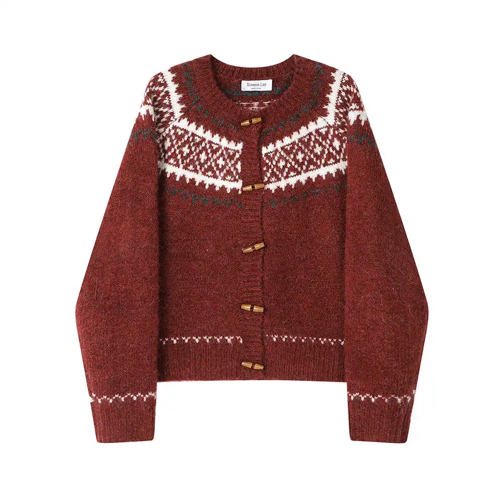 Christmas Sweater Cardigan Winter Slimming Two-tone Coat - Red