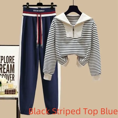 Sports Suit Spring Striped Sailor Collar Zipper Sweater Black Striped Top Blue - Shop at LoveMi
