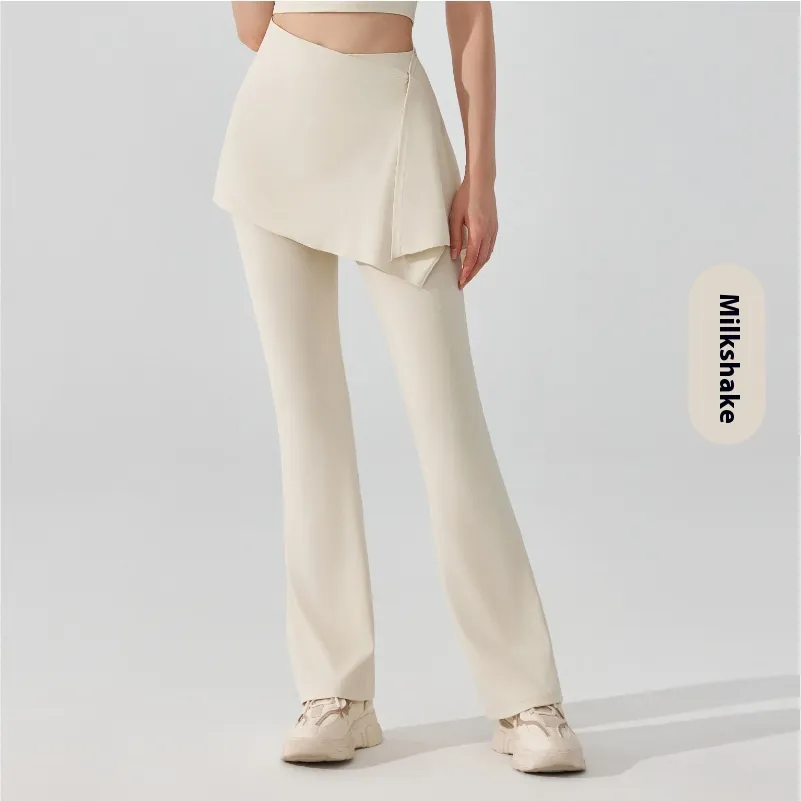 Nude Feel Detachable Two-piece High Waist Thigh-length Skirt Sports Bell-bottom Pants - Milkshake