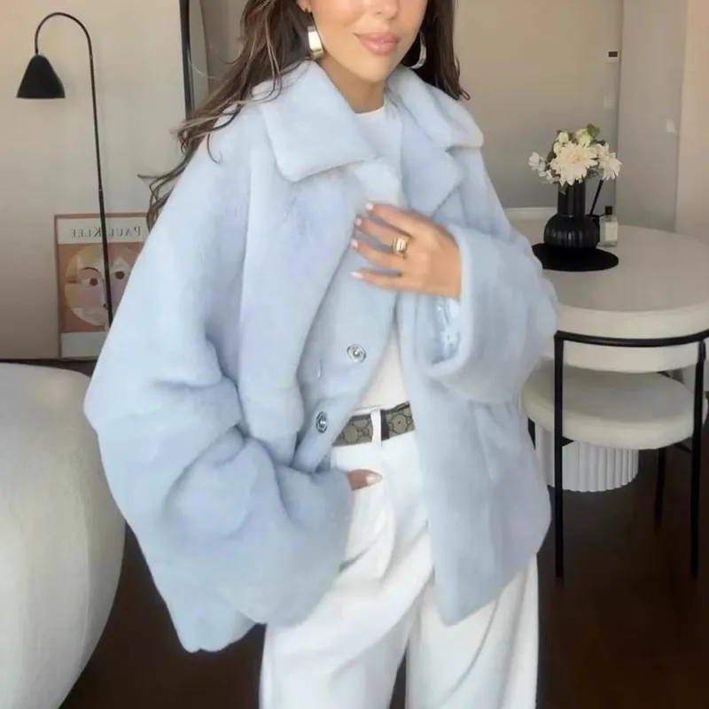 Loose Lapel Single Breasted Furry Coat Winter Fashion Fleece Long Sleeve Jacket Plush Short Top For Woman - Sky Blue