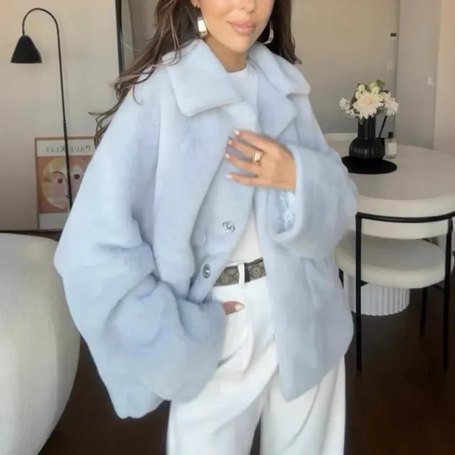 Loose Lapel Single Breasted Furry Coat Winter Fashion Fleece Long Sleeve Jacket Plush Short Top For Woman Sky Blue - Shop at LoveMi