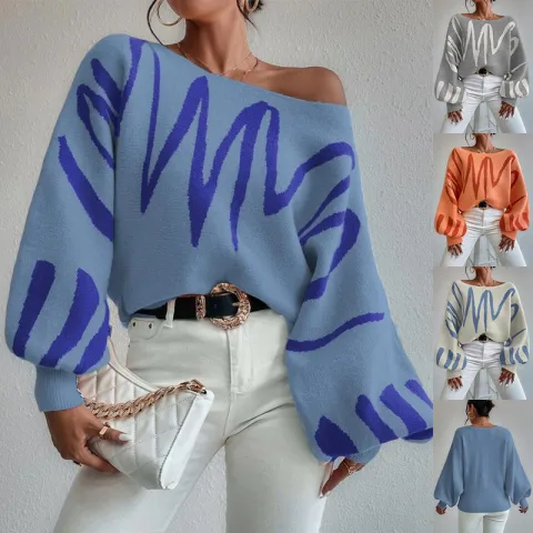 New Lantern-sleeved Pullover Sweater Fashion Line Printed Loose Tops