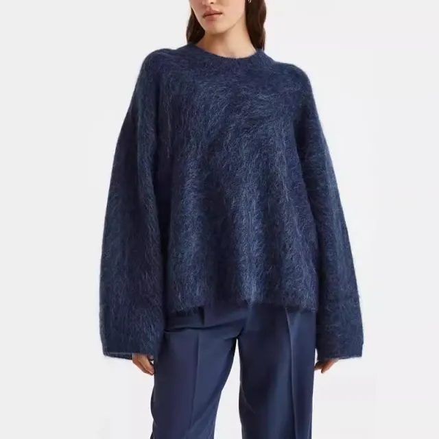 Loose Round Neck Pullover Sweater Fashion Long Sleeve Long Top For Women Clothing Sea Blue - Shop at LoveMi