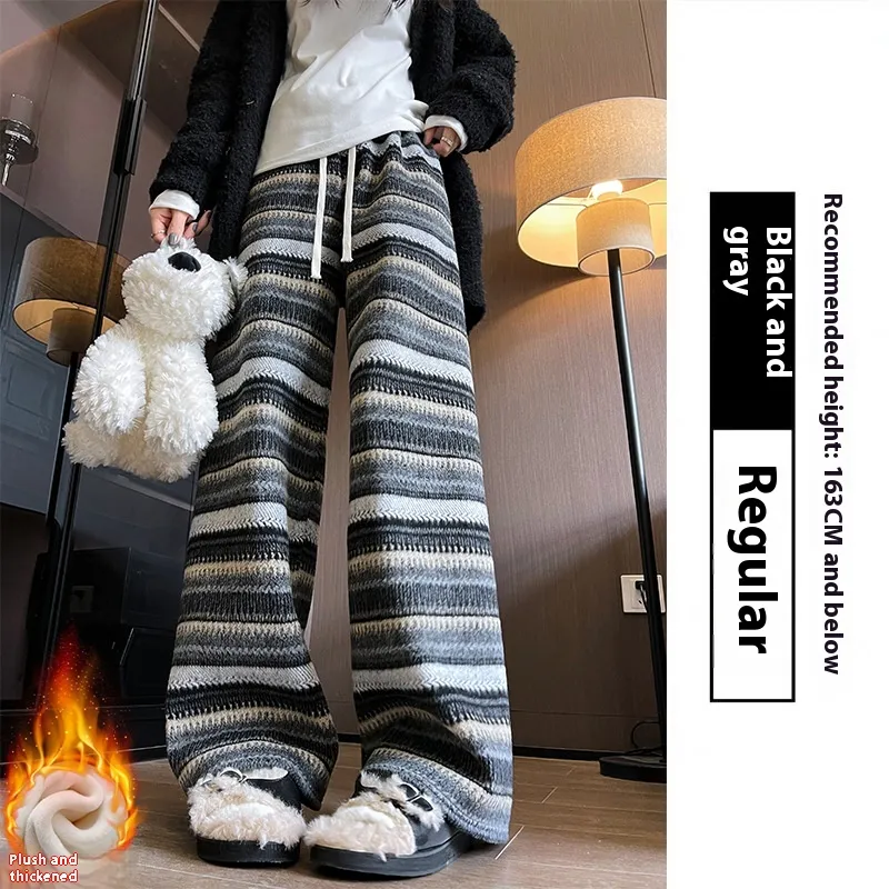 Woolen Striped Women's Wide-leg Pants Fallwinter Comfortable Retro - Gray