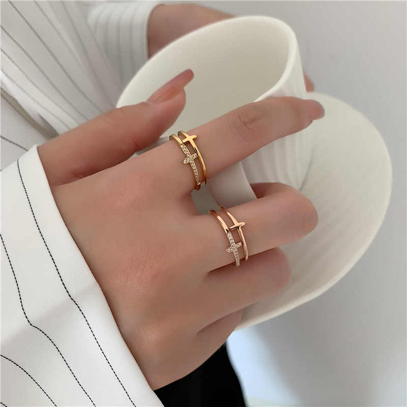 High-grade Hollow-out Double-layer Cross Micro Rhinestone Large Index Finger Ring