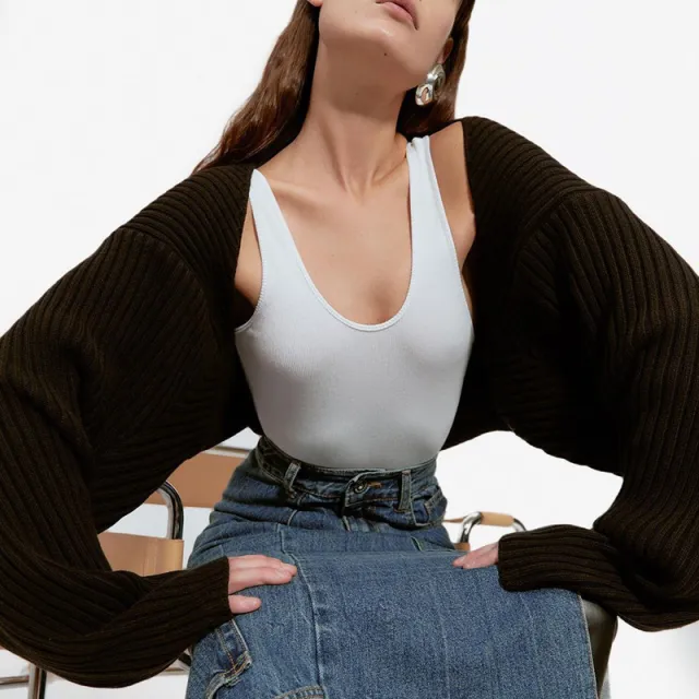 Wool Knitted Sexy Solid Color Ultra Short Long Sleeve Black - Shop at LoveMi