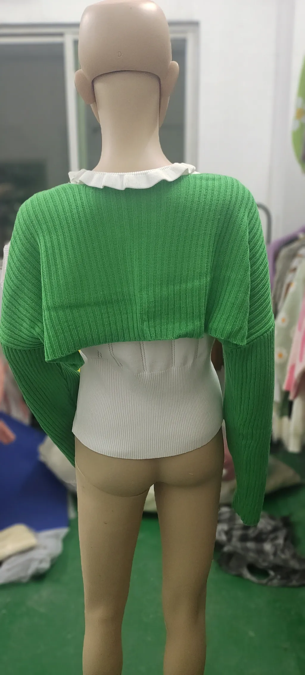 Wool Knitted Sexy Solid Color Ultra Short Long Sleeve - Green