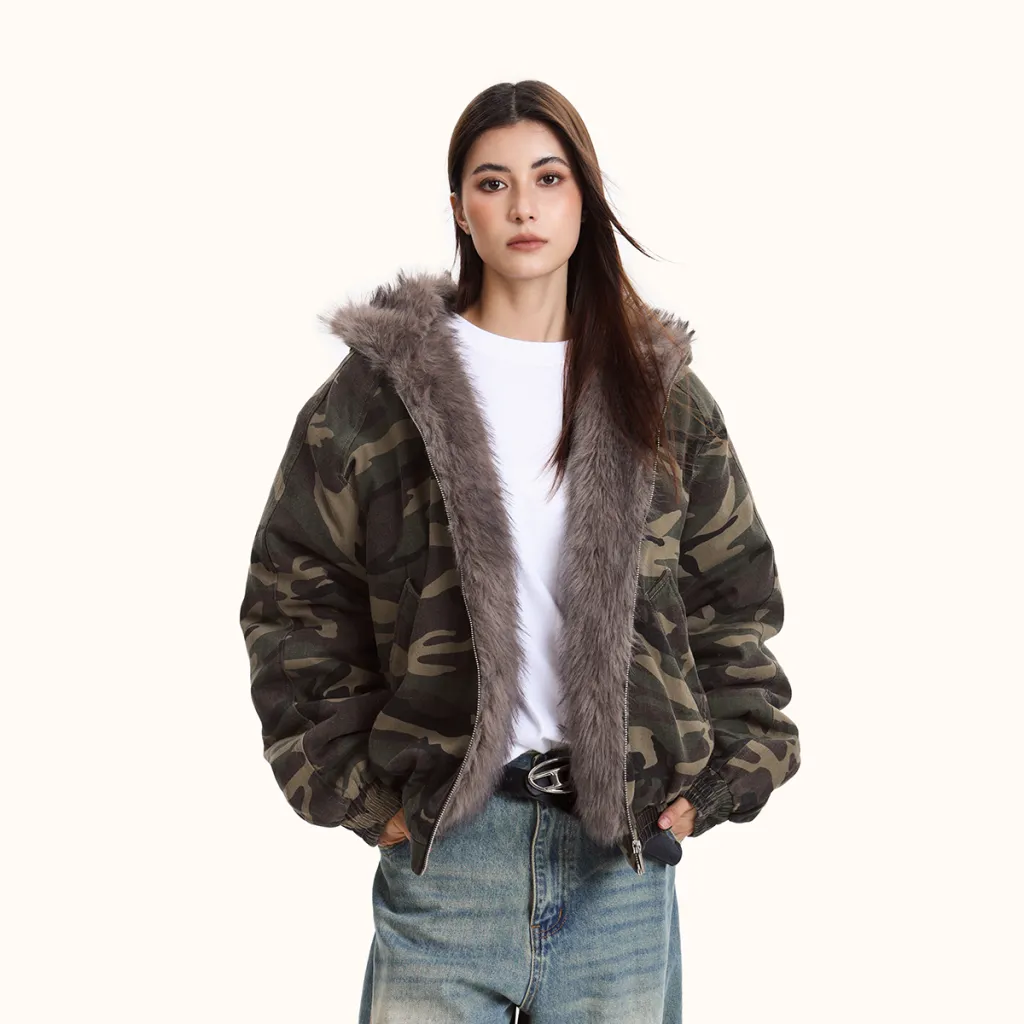 Women's Hooded Camouflage Jacket Cotton-padded Jacket - Camouflage