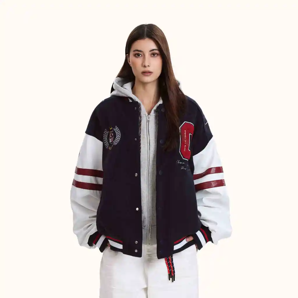 Embroidery Stitching Baseball Uniform Jacket - Navy Blue Quilted