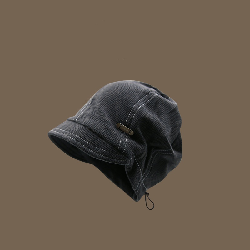 Plaid Embroidery Labeling Drawstring Knitted Pile Heap Cap