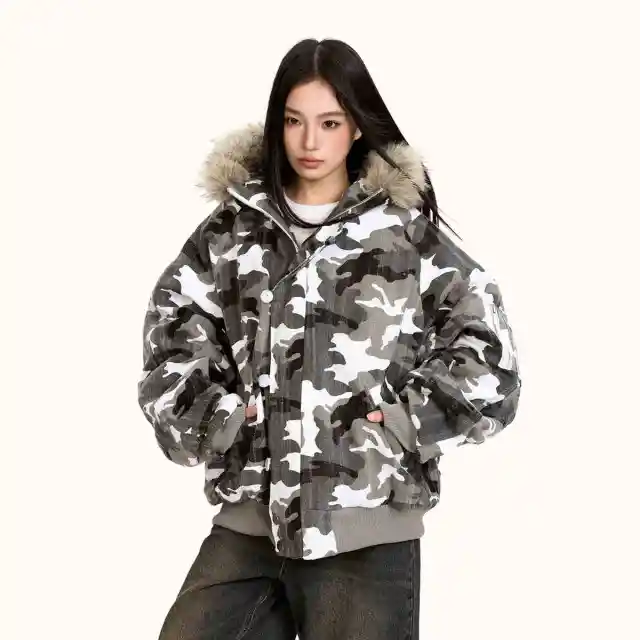 Loose Retro Camouflage Stitching Fur Collar Cotton padded Jacket Camouflage - Shop at LoveMi