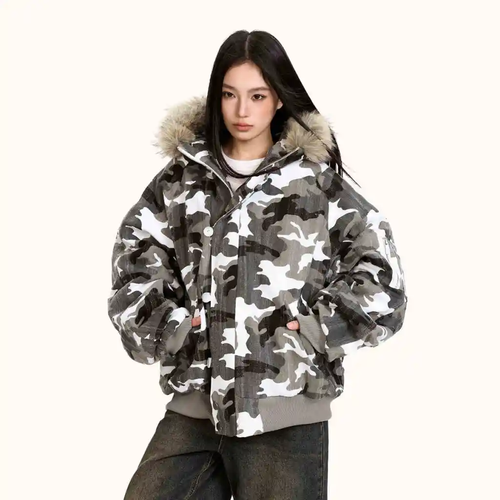 Loose Retro Camouflage Stitching Fur Collar Cotton-padded Jacket - Camouflage
