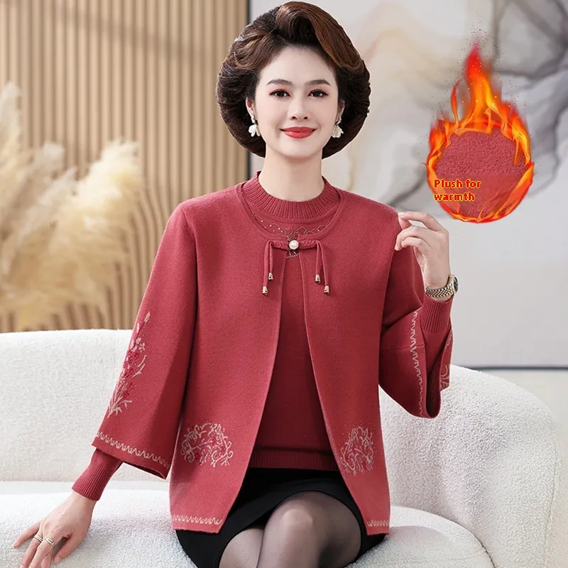 Mom's New Ethnic Style Knitted Coat Middle-aged And Elderly Two-piece Suit - Watermelon Red Brushed