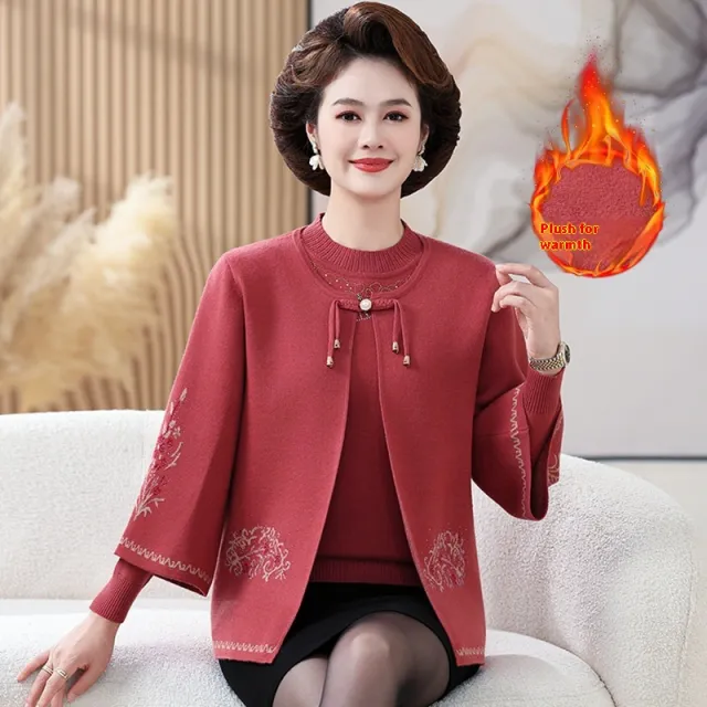 Mom's New Ethnic Style Knitted Coat Middle aged And Elderly Two piece Suit Watermelon Red Brushed - Shop at LoveMi