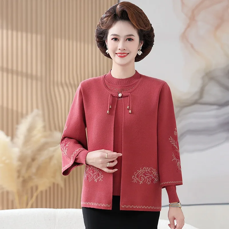 Mom's New Ethnic Style Knitted Coat Middle-aged And Elderly Two-piece Suit - Watermelon Red