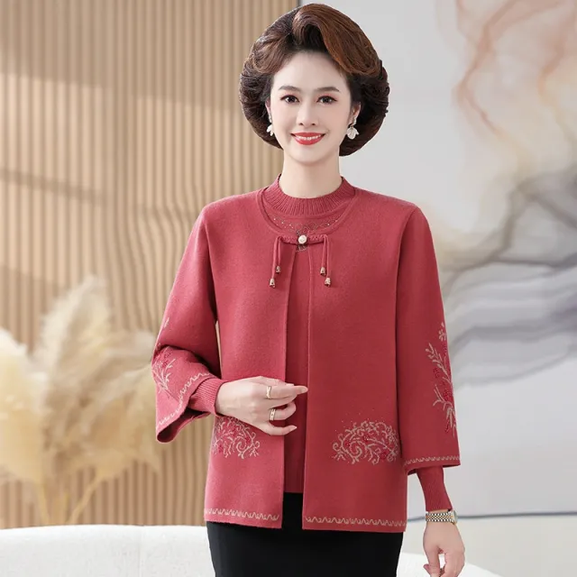 Mom's New Ethnic Style Knitted Coat Middle aged And Elderly Two piece Suit Watermelon Red - Shop at LoveMi
