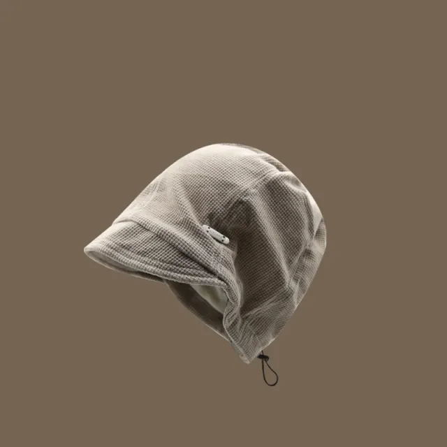 Plaid Embroidery Labeling Drawstring Knitted Pile Heap Cap Apricot - Shop at LoveMi