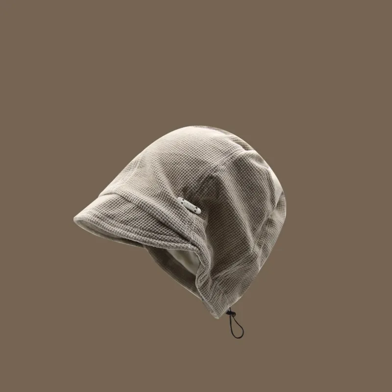 Plaid Embroidery Labeling Drawstring Knitted Pile Heap Cap - Apricot
