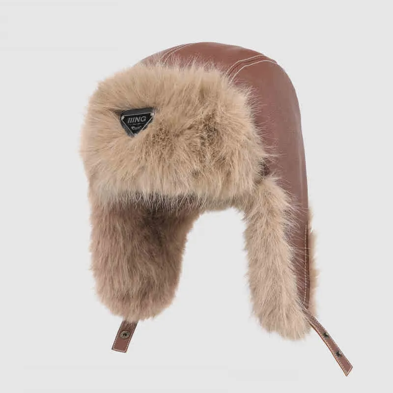 Autumn And Winter Men's And Women's Warm Vintage Leather Pilot Hat - Triangular Brown