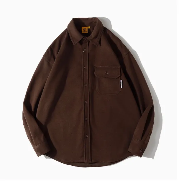 Girls' Solid Color Long-sleeved Casual Shirt Jacket - Coffee