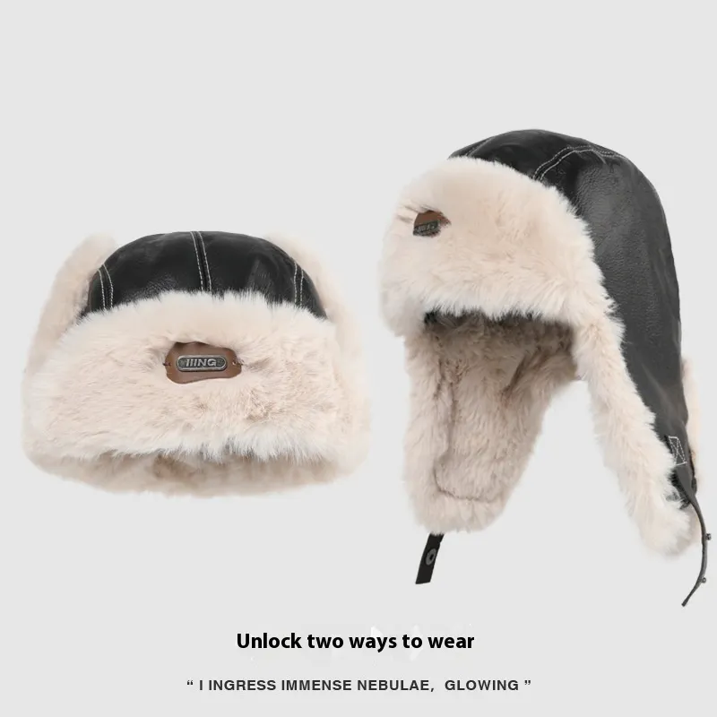 Autumn And Winter Men's And Women's Warm Vintage Leather Pilot Hat - Black