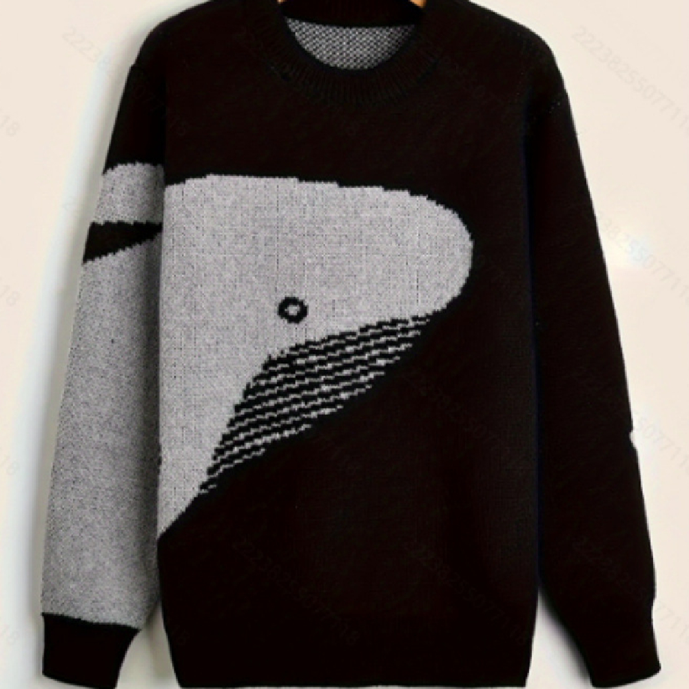 2024 Autumn/Winter Japanese Style Cartoon Whale Round Neck Sweater Men's Trendy Couple Casual Loose Versatile Pullover Knitwear