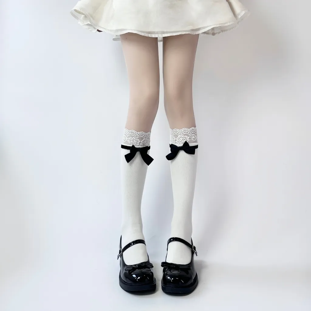 Japanese Jk Bowknot Sweet Lace Lolita Socks Mid-calf - Whitefront Calf Socks