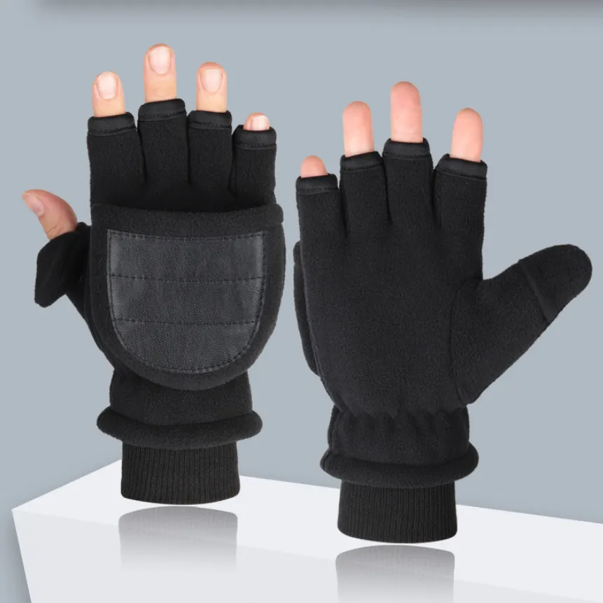 Double-layer Velvet Gloves Flip Touch Screen Half