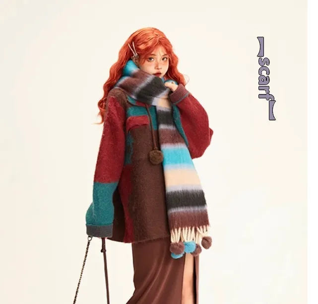 Colourful Striped Wool Ball Warm Scarf - Blue Coffee Colour