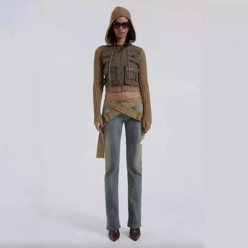 Canvas Thick Belt Decorative Low Waist Leg Trimming Denim Trousers For Women - Cowboy