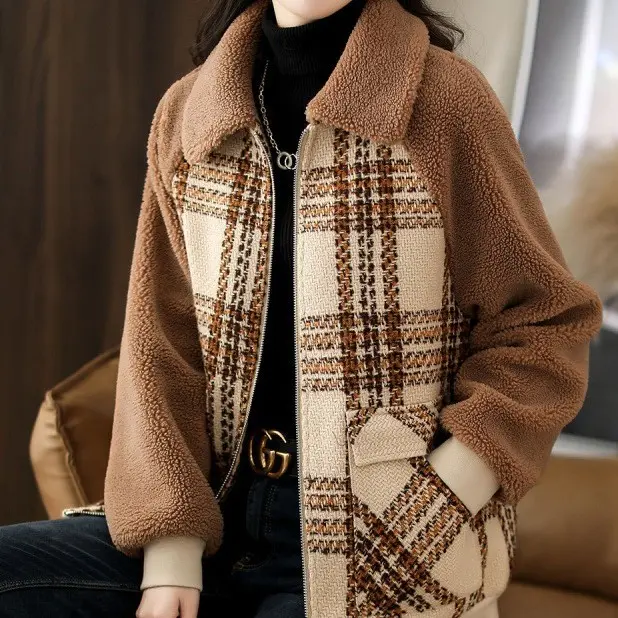 Simple Stitching Plaid Raglan Sleeve Slimming and Warm Coat