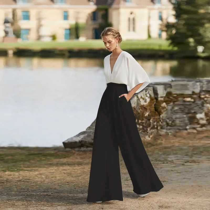Women's Dress Jumpsuit Deep V High Waist Wide Legs - White And Black
