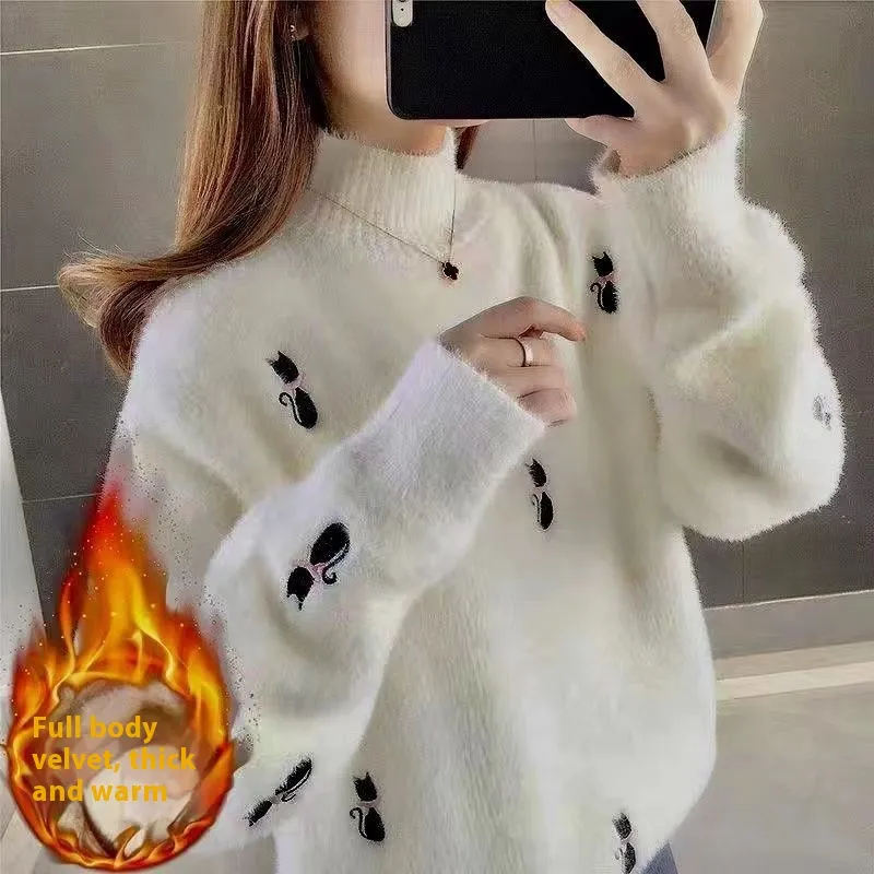 Waterproof Mink Velvet High Sense Women's Sweater Autumn And Winter New - Dark White Add Velvet
