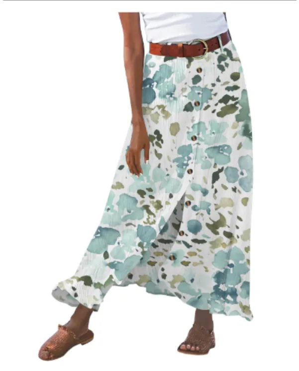 Women's Fashion Cotton Linen A-Line Hip Mid Waist Long Skirt - Camouflage Green