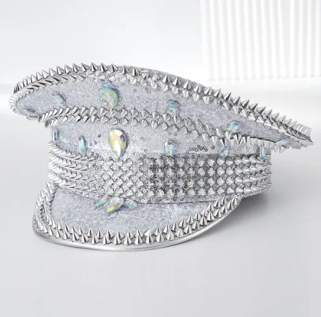 European And American Fashion Rhinestone Women's Diamond Rivets Party Ball Cross border Export Hat Free Size Cool Punk Silver A - Shop at LoveMi
