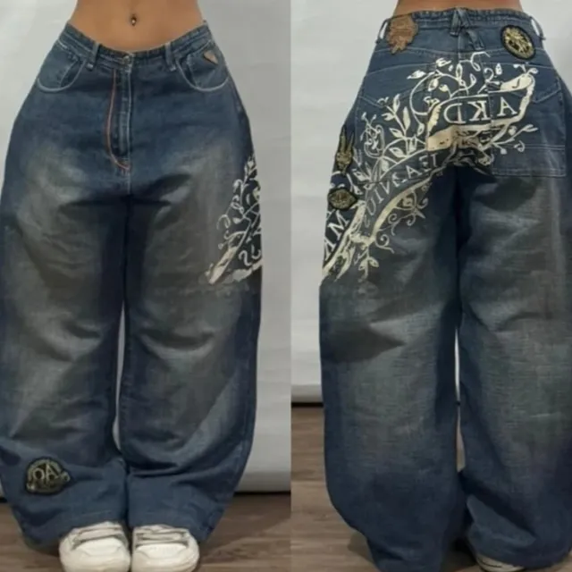 Women's Printed Casual Loose Straight Jeans Blue - Shop at LoveMi