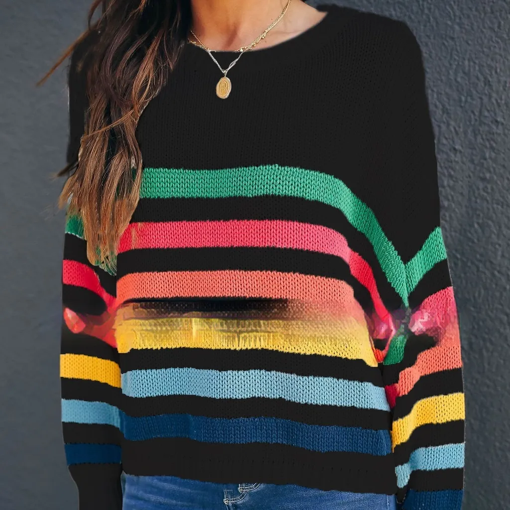 Striped Stitching Internet Celebrity Knitwear Fashion Sweater - Black