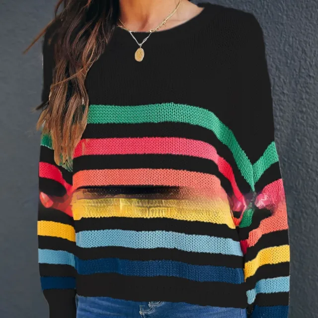 Striped Stitching Internet Celebrity Knitwear Fashion Sweater Black - Shop at LoveMi