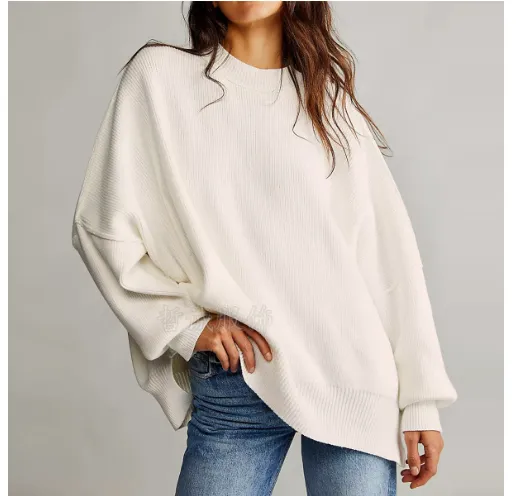 European And American Loose Pullover Sweater Fashion Long Sleeve Split Round neck Women's Sweater Beige - Shop at LoveMi