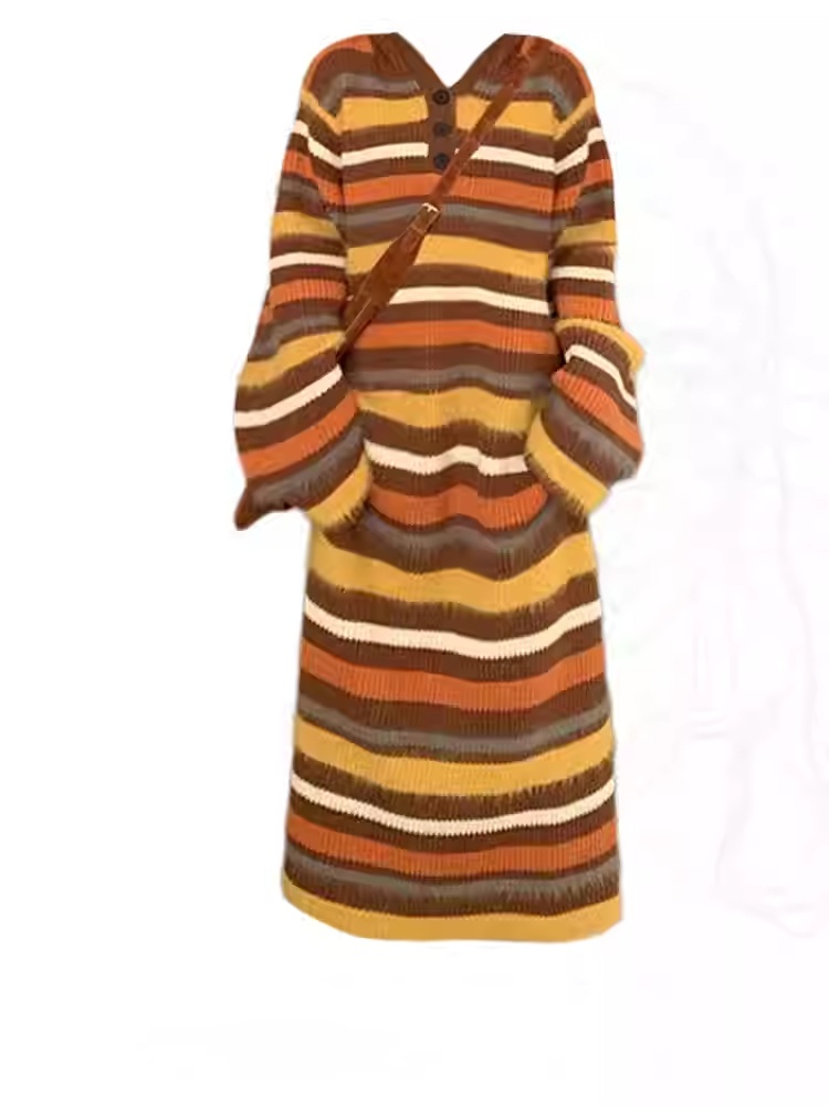 Contrast Color Striped Sweater Hooded Long Dress Sweater