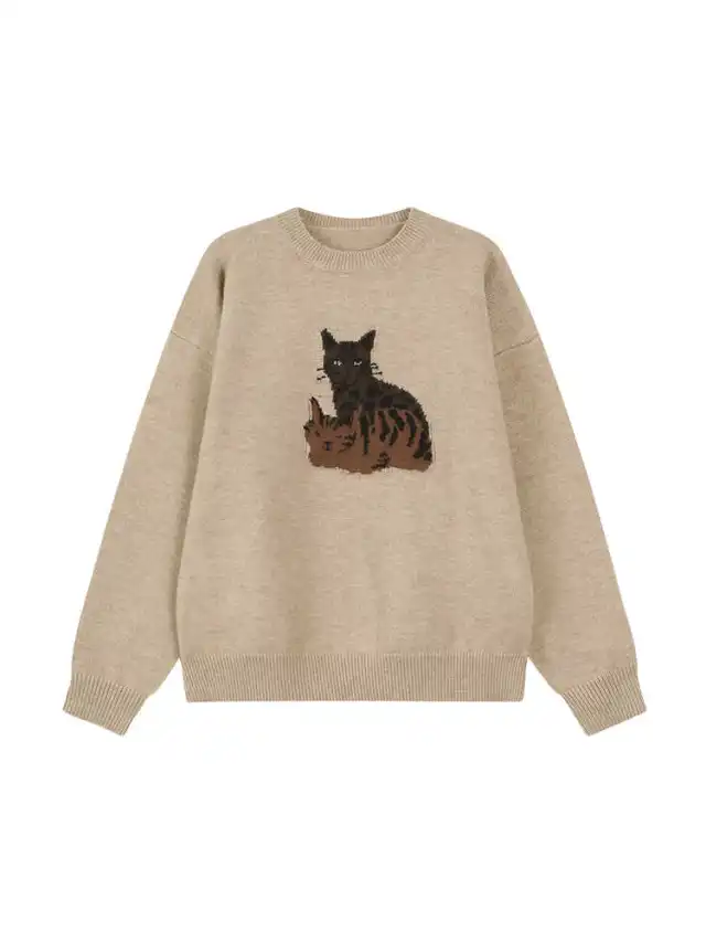 Cartoon Printed Round Neck Loose Long Sleeves Knitted Sweater Khaki - Shop at LoveMi